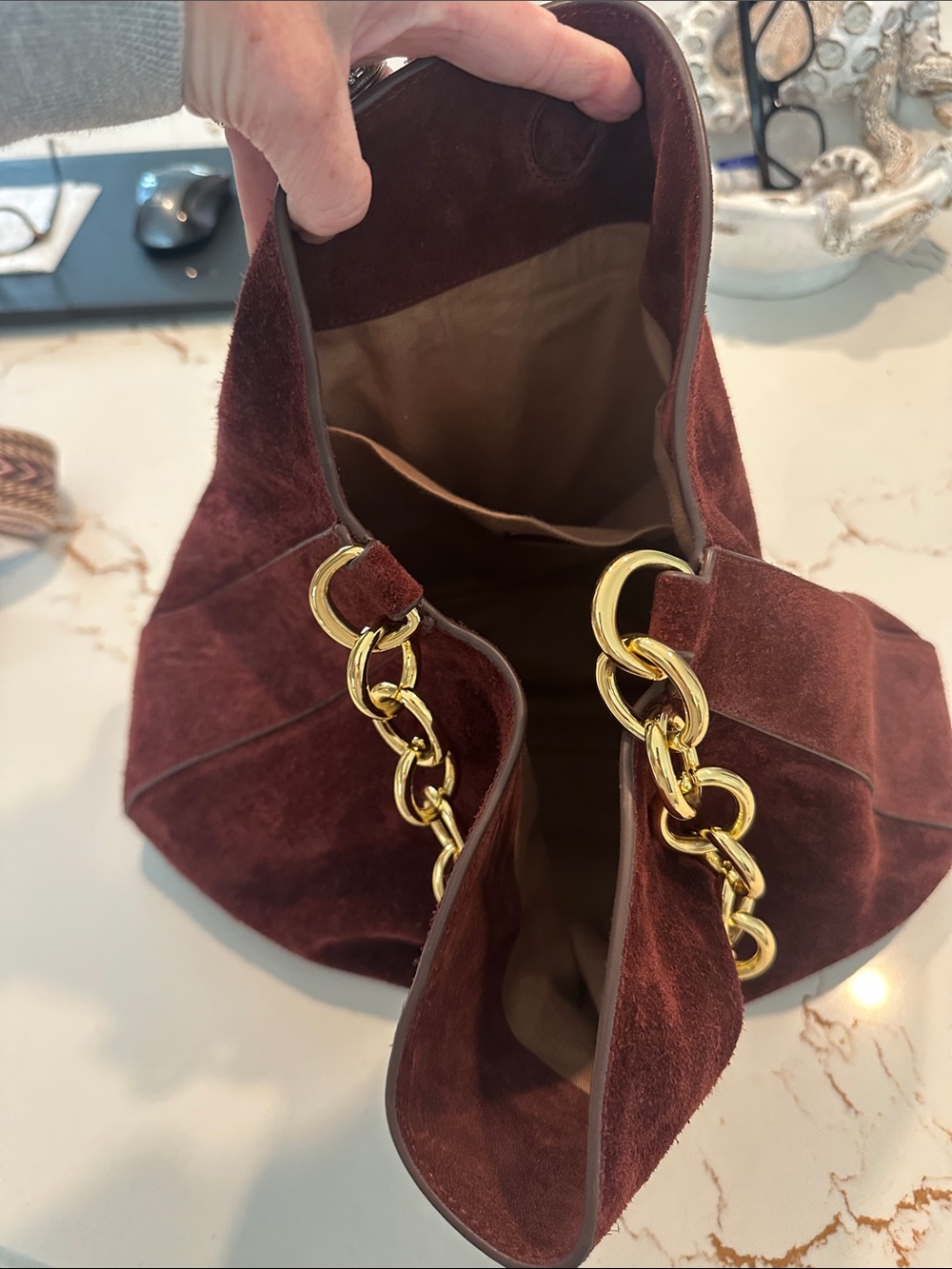 J. Crew Burgundy Berkeley Suede Shoulder Bag with Gold Chain Handle excellent - Picture 7 of 8
